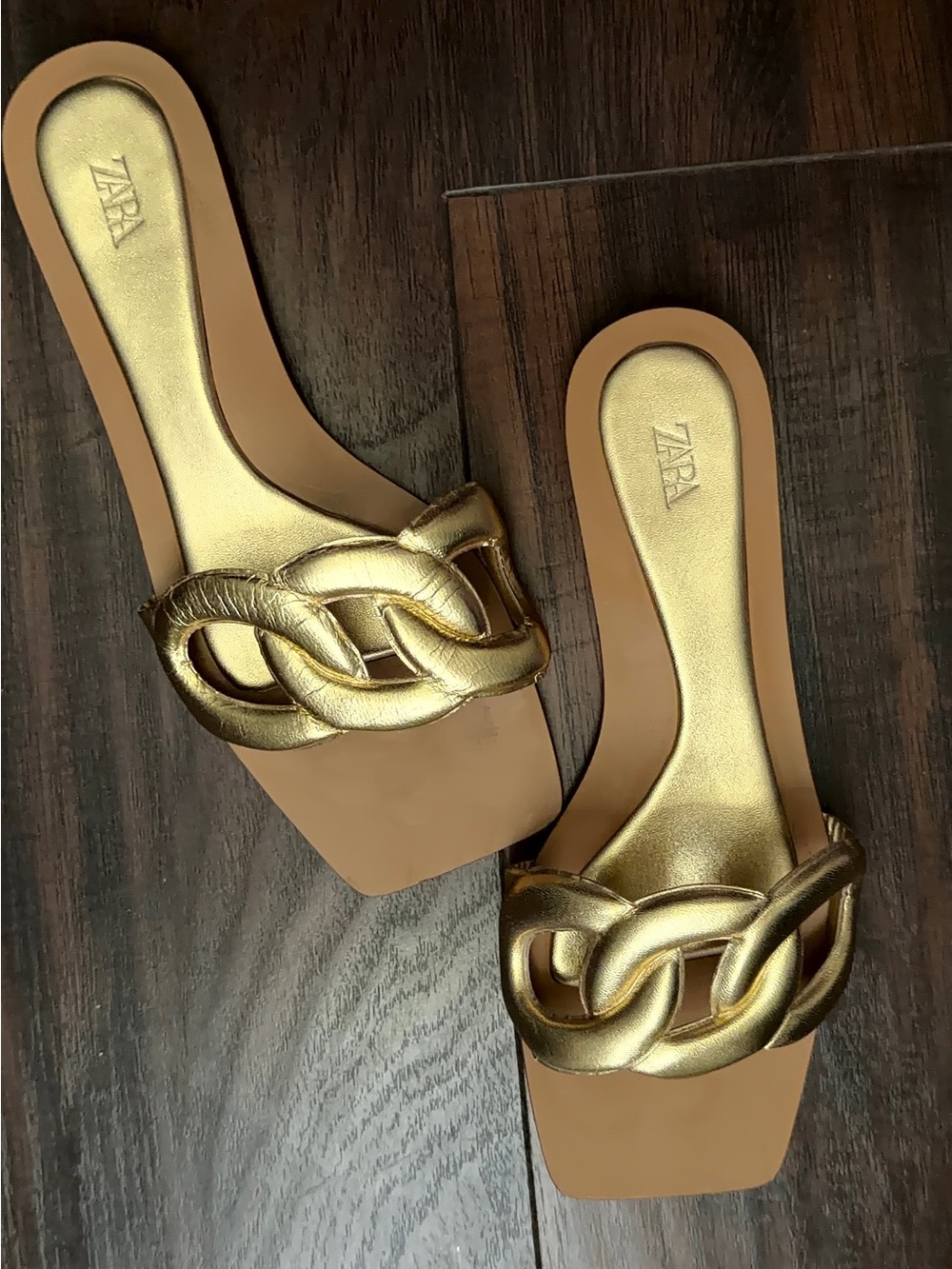 Zara Metallic Gold Braided Slide Sandals